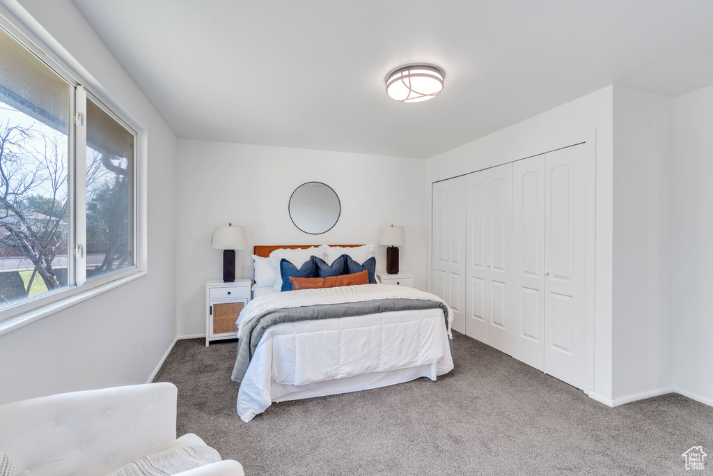 Bedroom with a closet and dark carpet