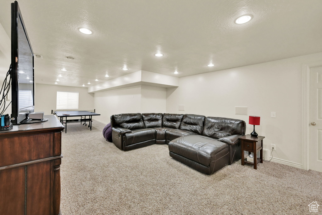 Living room featuring a textured ceiling and light colored carpet