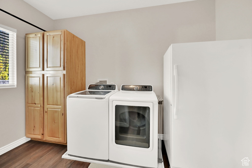 Laundry area featuring independent washer and dryer, cabinets, and dark hardwood / wood-style floors