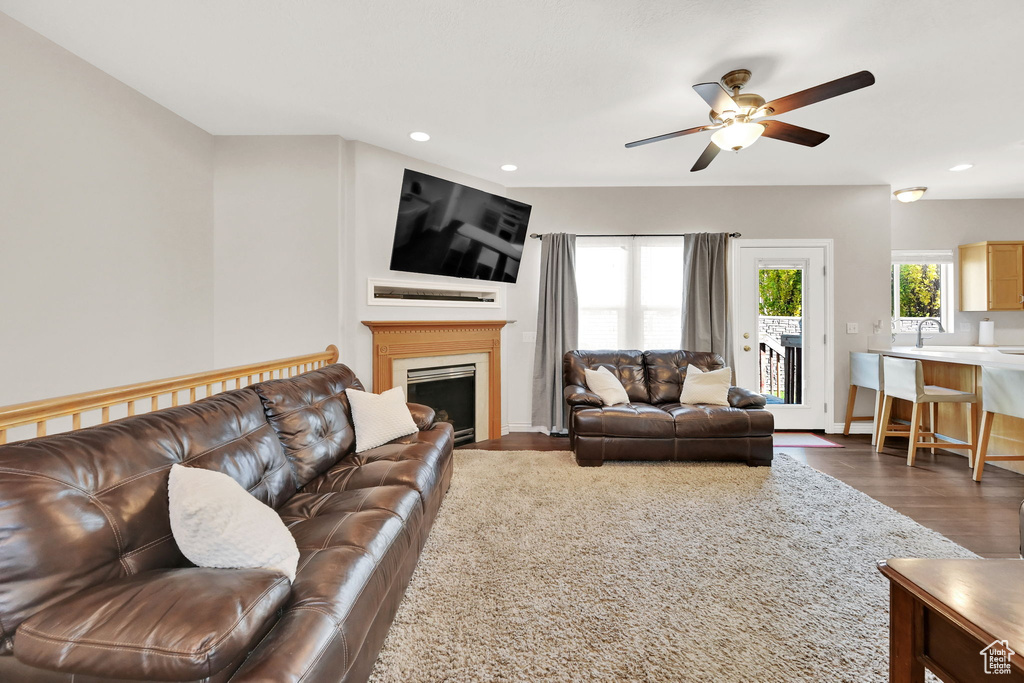 Living room featuring ceiling fan, sink, and dark hardwood / wood-style floors