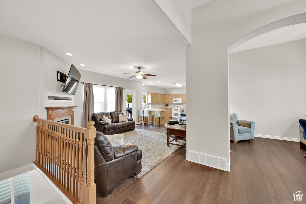 Living room with ceiling fan and dark hardwood / wood-style flooring