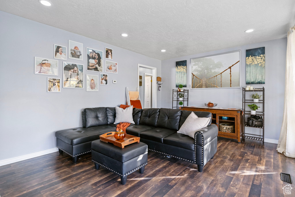 Living room featuring a textured ceiling and dark hardwood / wood-style floors