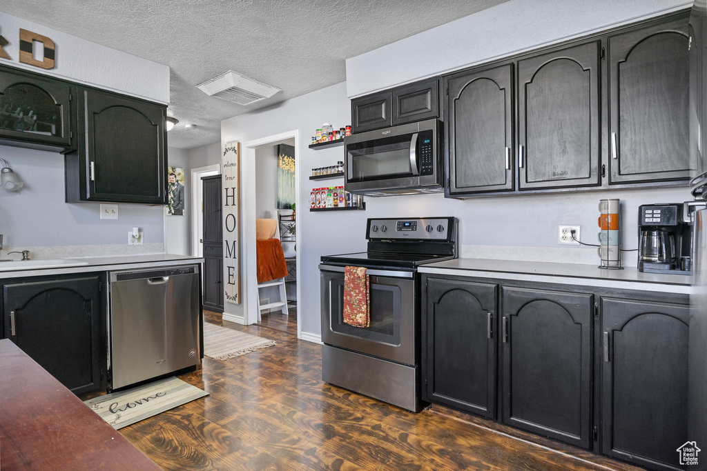 Kitchen with stainless steel appliances, a textured ceiling, and dark hardwood / wood-style floors