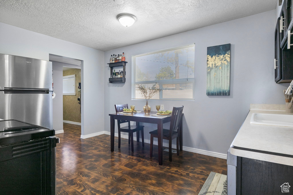 Dining room featuring sink, a textured ceiling, and dark hardwood / wood-style flooring