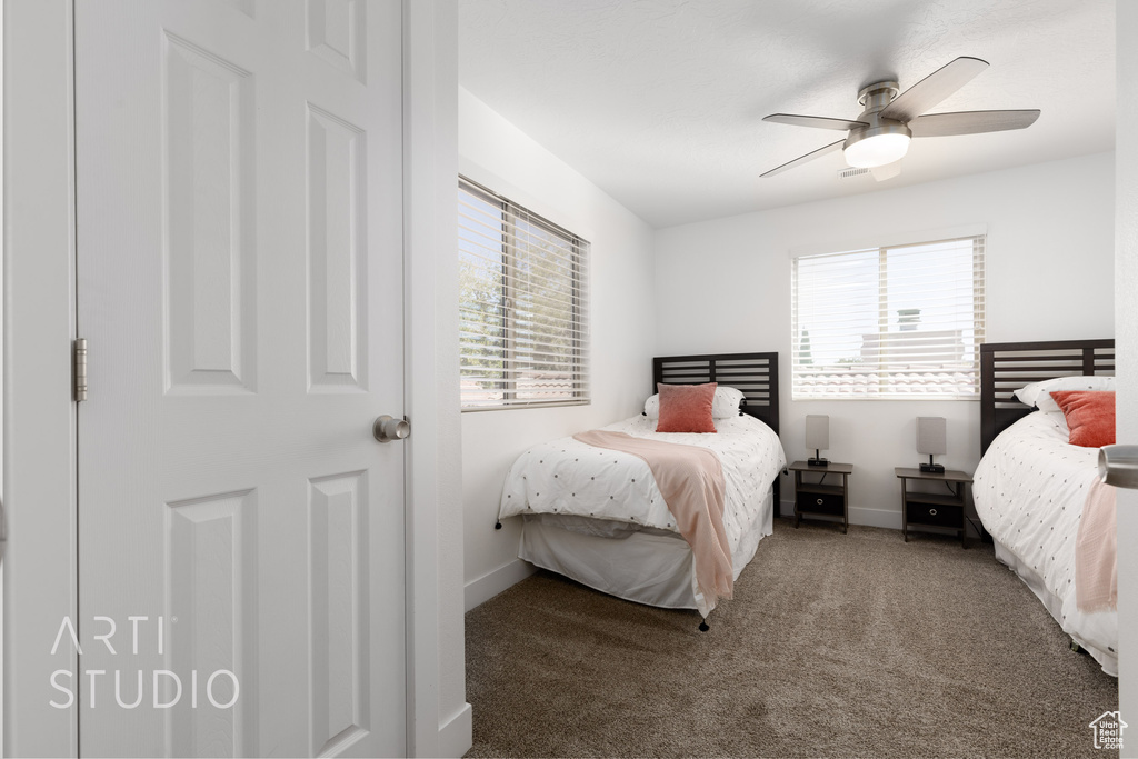 Bedroom with ceiling fan, carpet flooring, and multiple windows