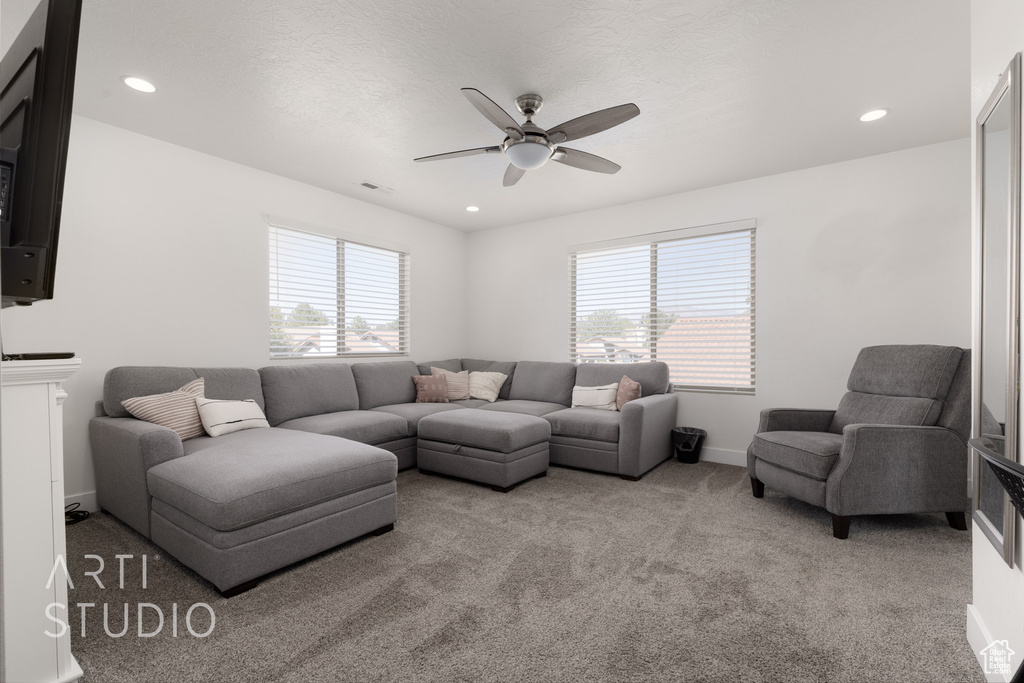 Carpeted living room featuring ceiling fan, a textured ceiling, and plenty of natural light