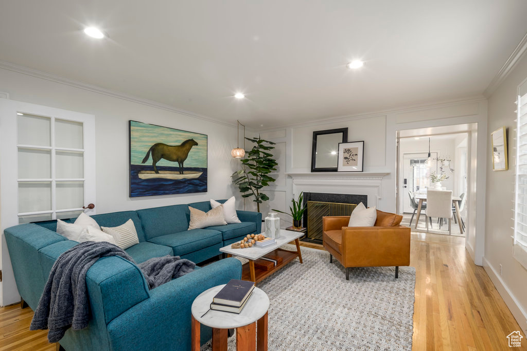 Living room featuring crown molding and hardwood / wood-style floors