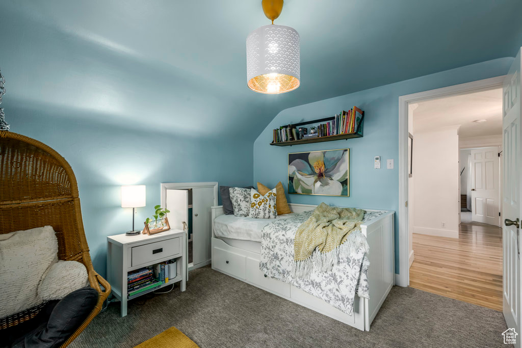 Bedroom featuring lofted ceiling and dark hardwood / wood-style floors