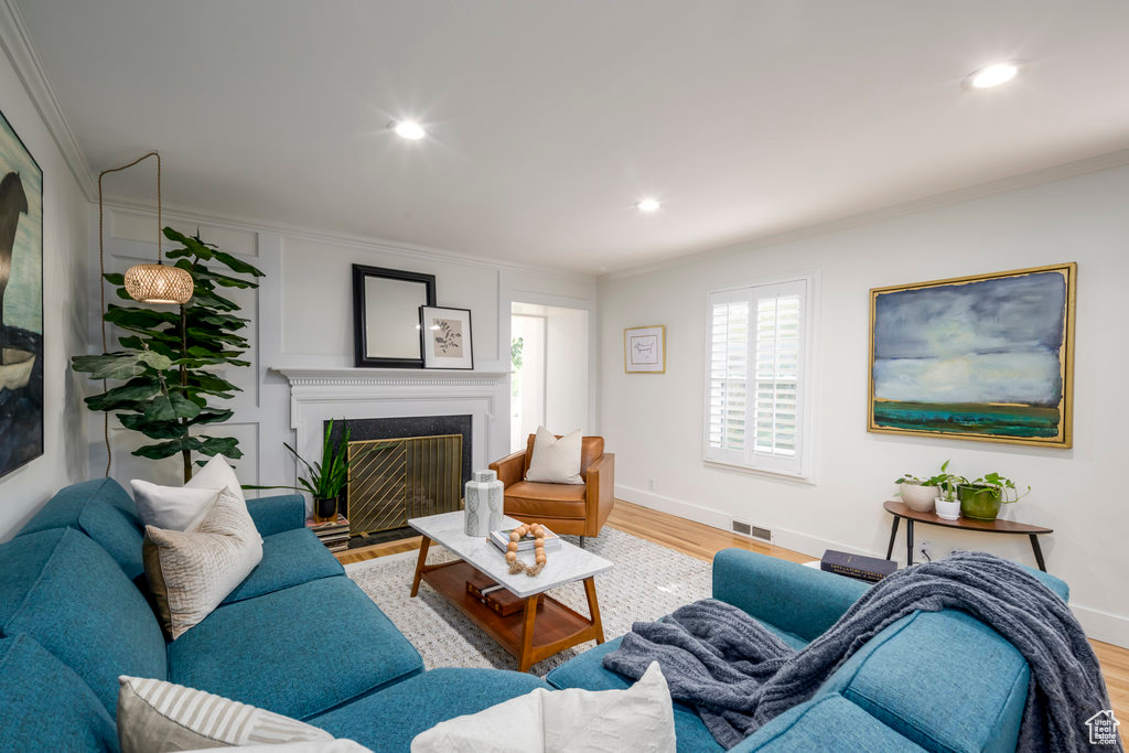 Living room featuring crown molding and hardwood / wood-style flooring