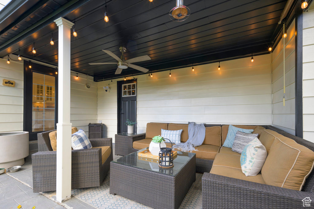 View of patio featuring ceiling fan and outdoor lounge area