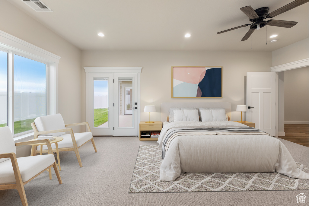 Bedroom featuring access to outside, multiple windows, recessed lighting, and ceiling fan