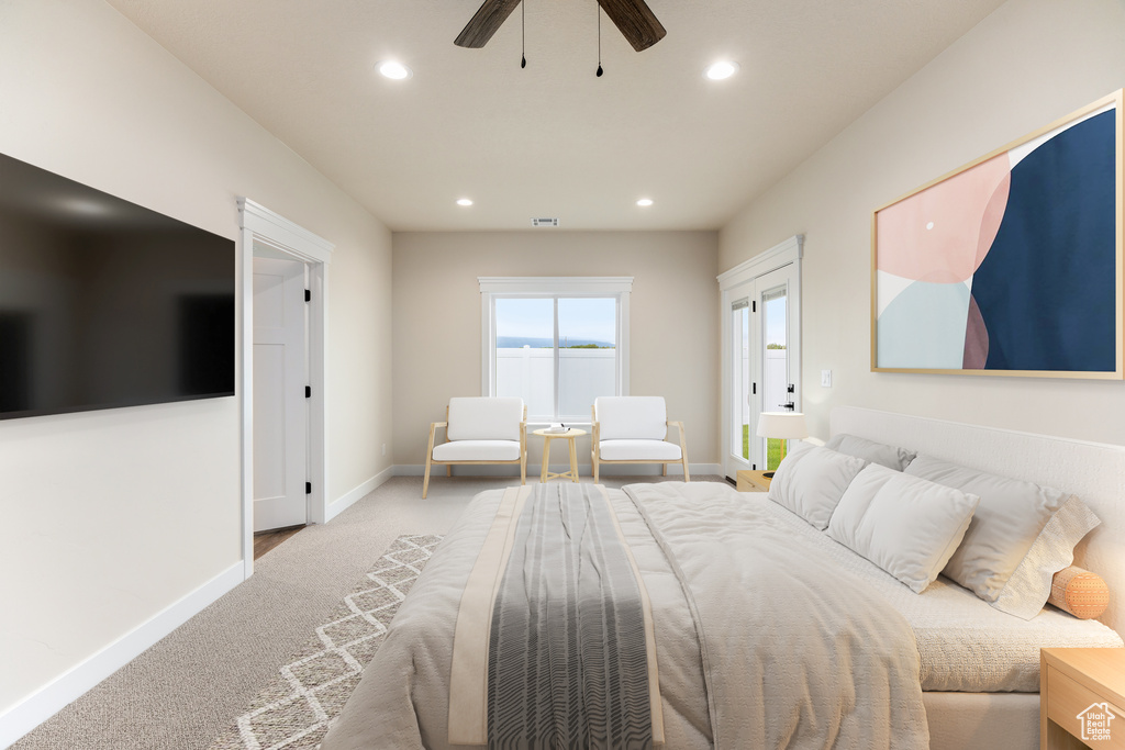 Bedroom featuring recessed lighting, baseboards, carpet flooring, and ceiling fan