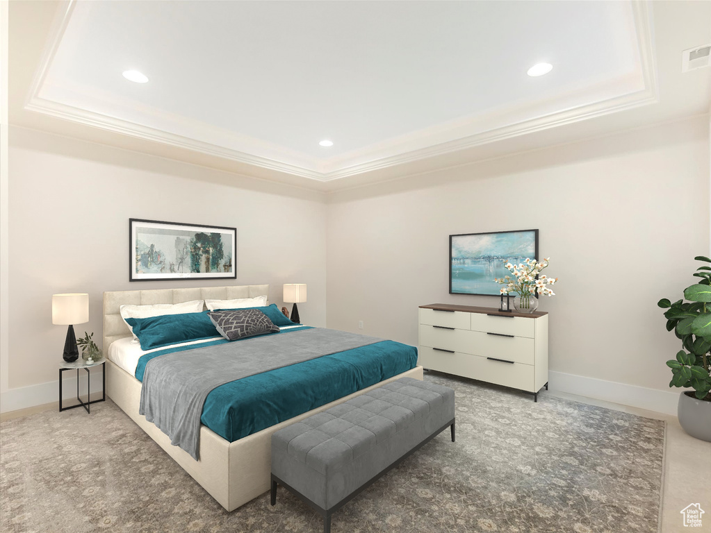 Bedroom with baseboards, a tray ceiling, crown molding, and recessed lighting