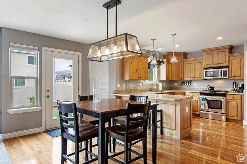 Kitchen featuring light hardwood / wood-style flooring, decorative light fixtures, stainless steel appliances, and plenty of natural light