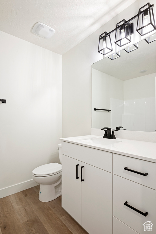 Bathroom with vanity, hardwood / wood-style floors, a textured ceiling, and toilet