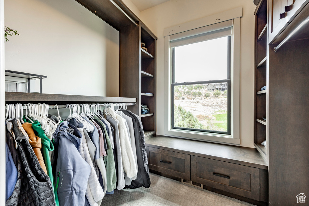 Walk in closet featuring light carpet