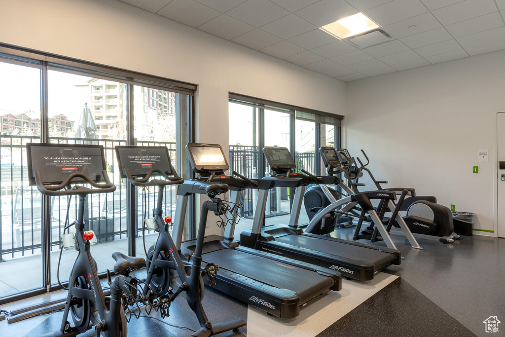 Workout area with a drop ceiling and plenty of natural light