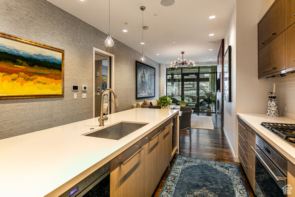 Kitchen featuring appliances with stainless steel finishes, sink, dark hardwood / wood-style flooring, pendant lighting, and a chandelier