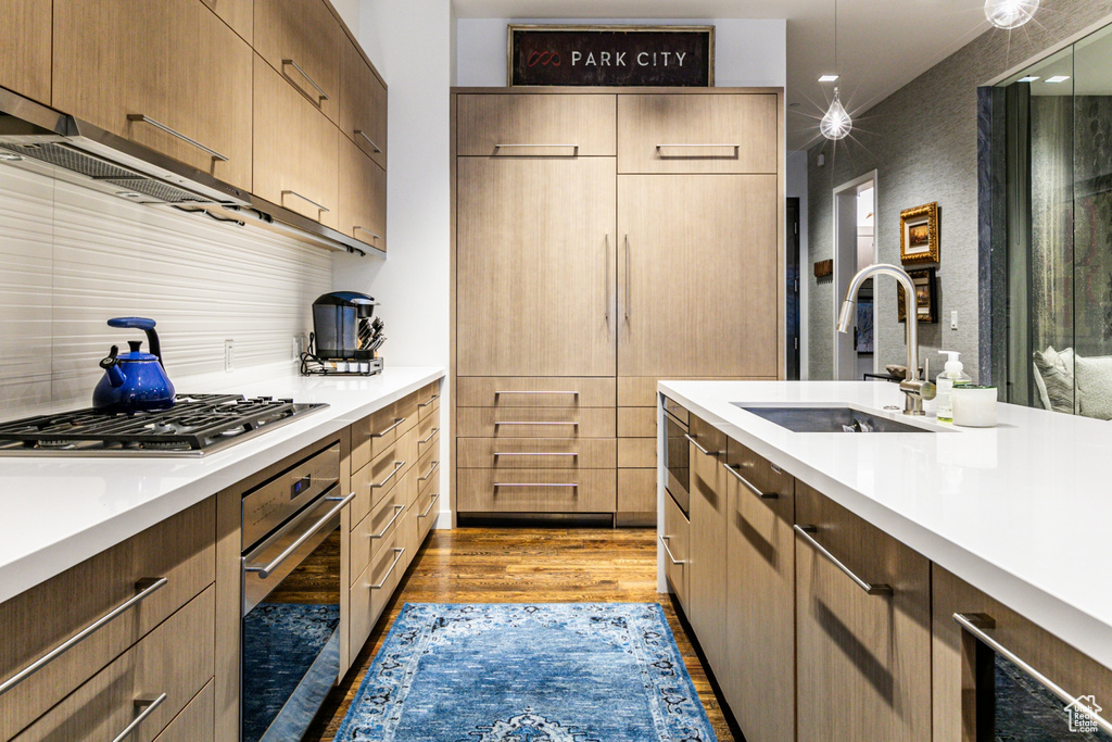 Kitchen with sink, appliances with stainless steel finishes, and light hardwood / wood-style floors