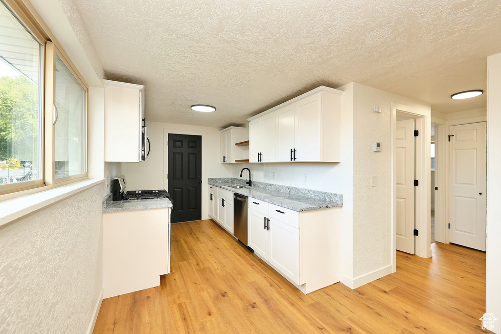 Kitchen with white cabinetry, appliances with stainless steel finishes, light hardwood / wood-style flooring, and sink