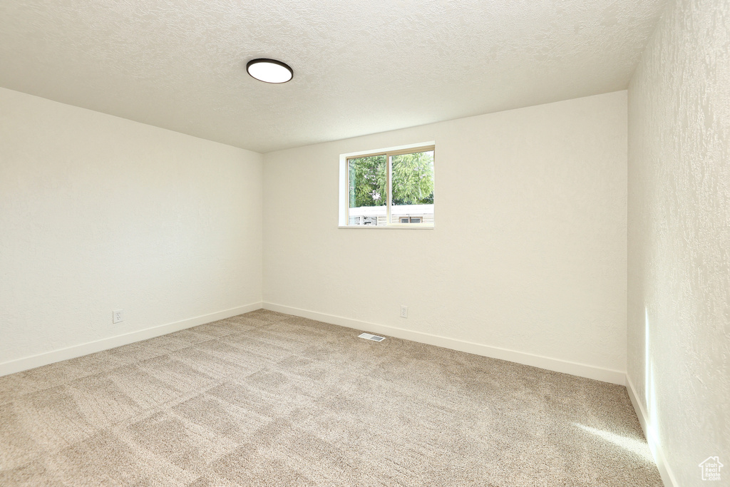 Carpeted spare room with a textured ceiling