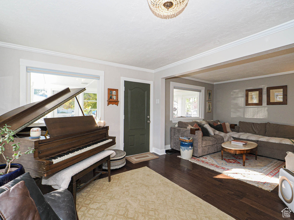 Living room with crown molding and hardwood / wood-style flooring