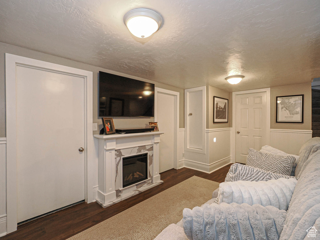 Living room featuring dark wood-type flooring, a textured ceiling, and a high end fireplace