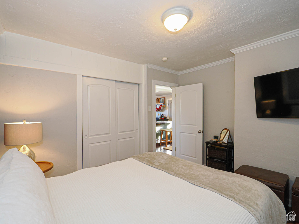 Bedroom featuring a closet, ornamental molding, and a textured ceiling