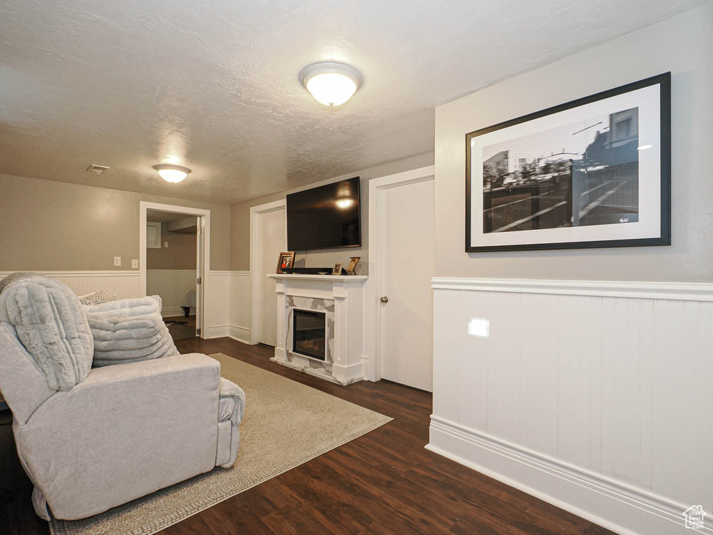 Living room with a premium fireplace, a textured ceiling, and dark hardwood / wood-style floors