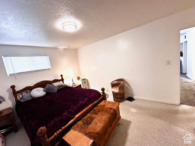 Bedroom with a textured ceiling and carpet floors