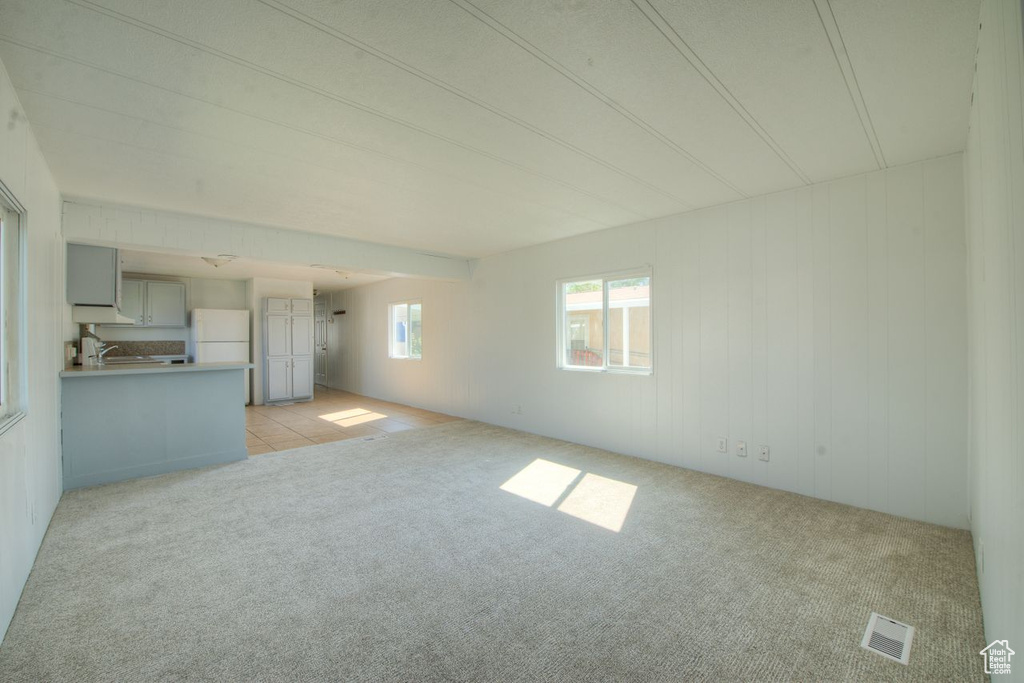 Unfurnished living room with light carpet