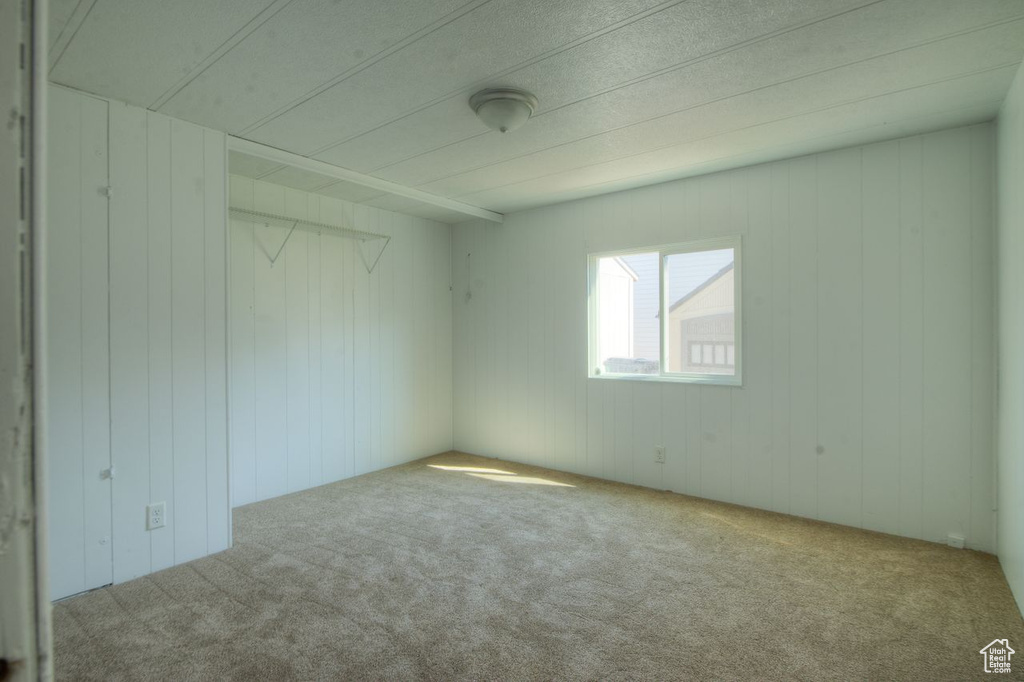 Spare room with wood walls and carpet flooring
