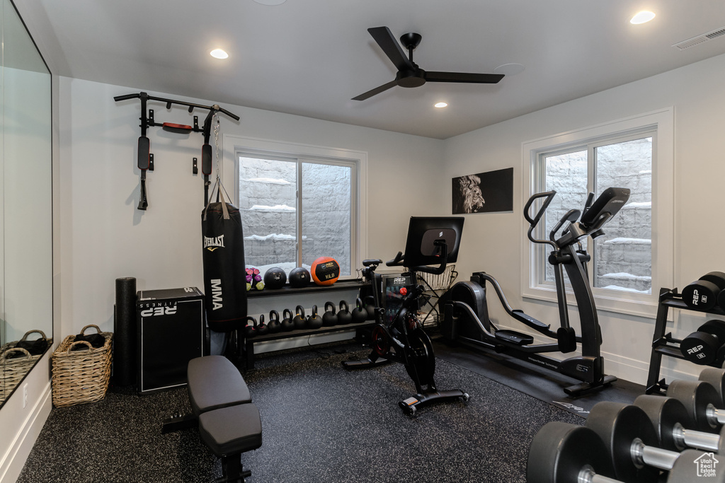 Exercise room featuring ceiling fan