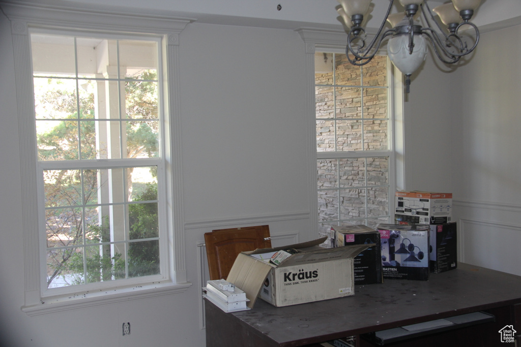 Dining space with an inviting chandelier