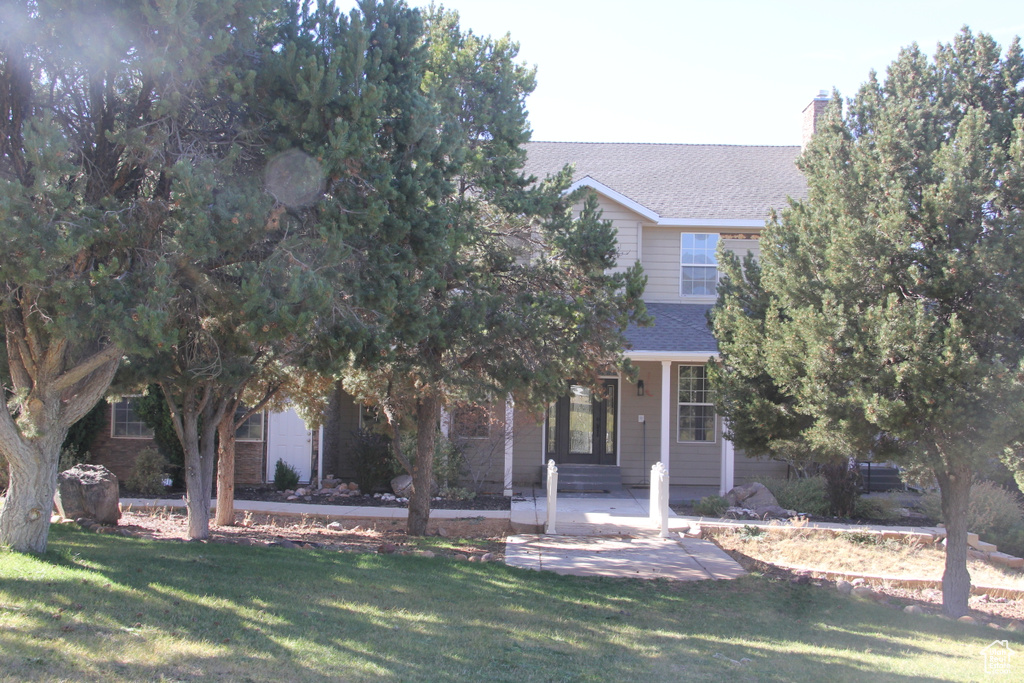 Obstructed view of property with a front lawn