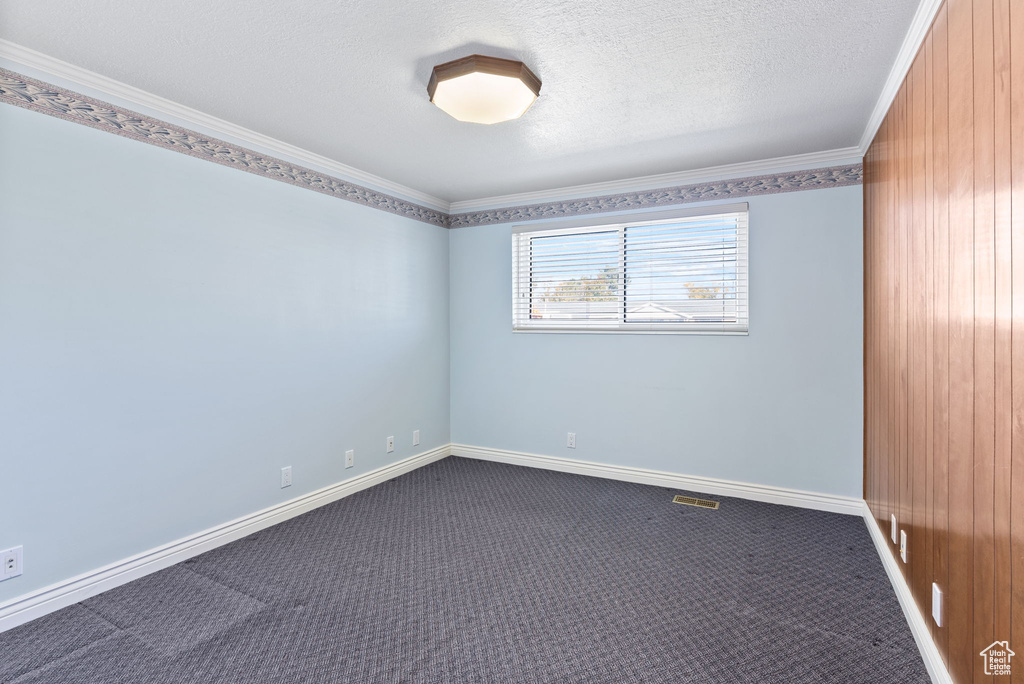 Carpeted empty room with ornamental molding, wood walls, and a textured ceiling