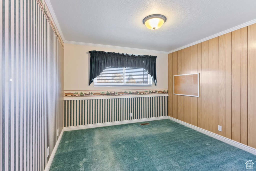 Empty room featuring a textured ceiling, carpet flooring, and crown molding