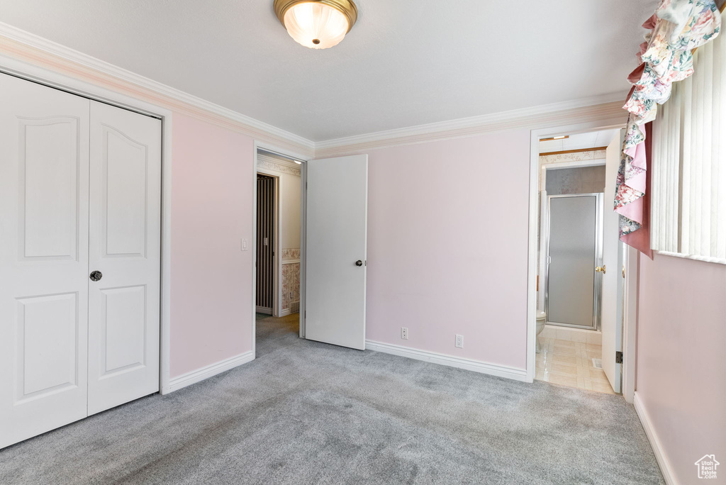 Unfurnished bedroom with light colored carpet, crown molding, and a closet