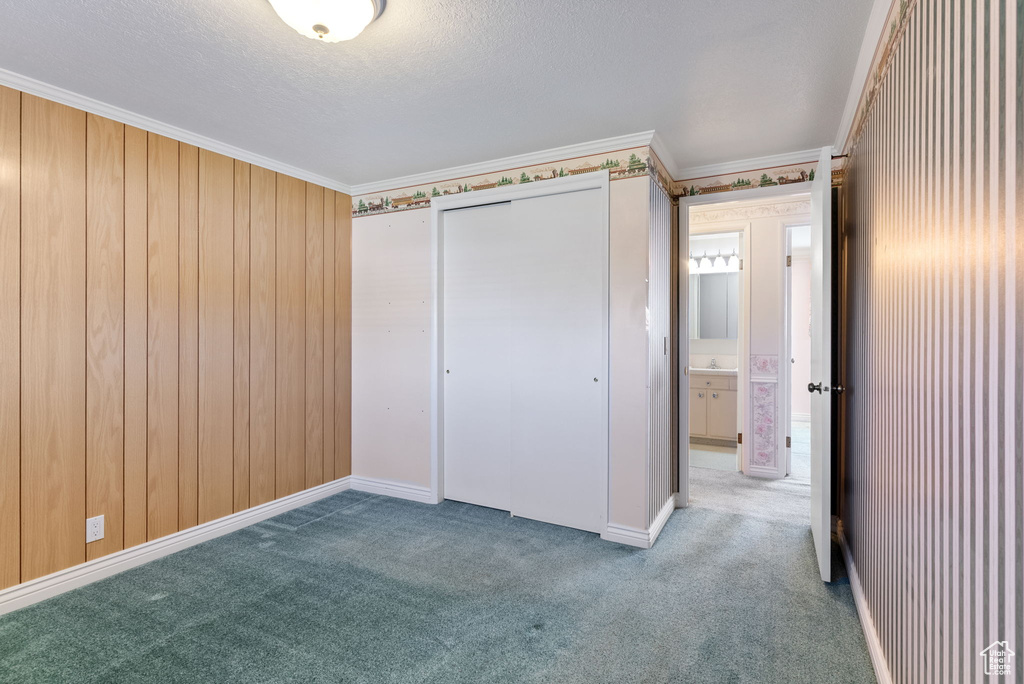 Unfurnished bedroom featuring ornamental molding, carpet, and a closet