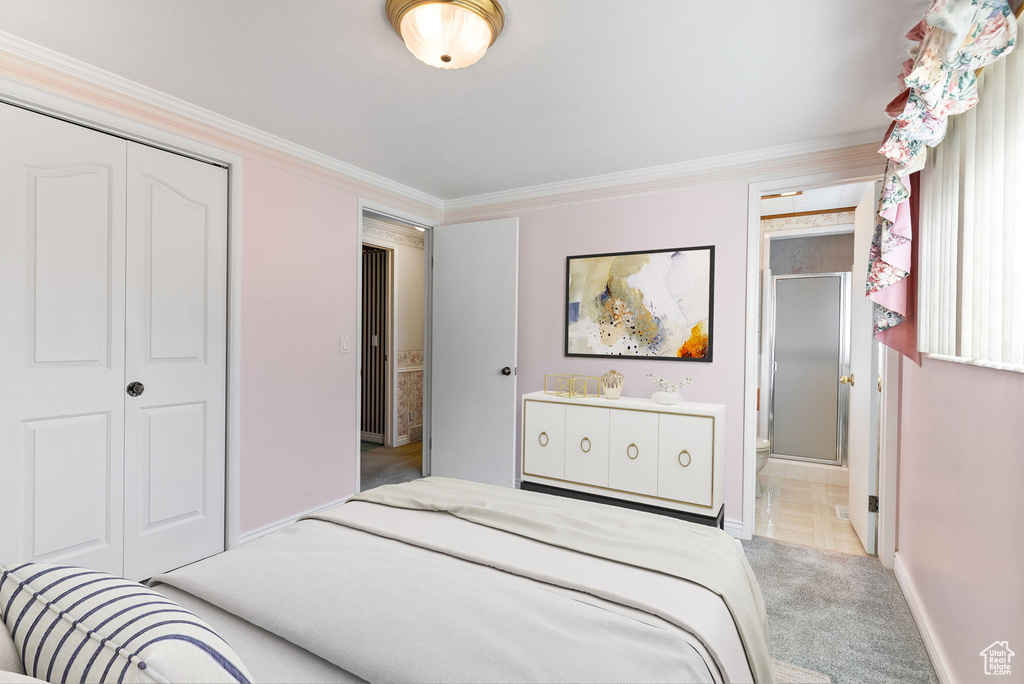 Carpeted bedroom featuring ornamental molding and a closet