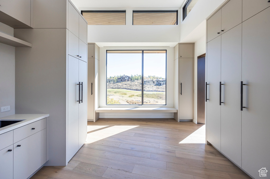 Kitchen with light wood-style flooring, light countertops, and modern cabinets
