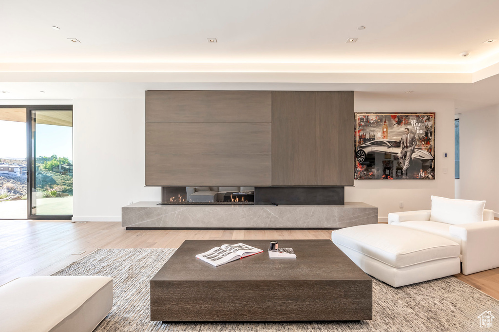 Living room with wood finished floors, a high end fireplace, and baseboards