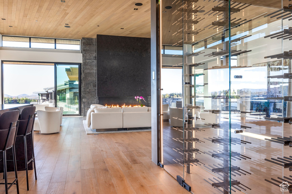 Wine area featuring wooden ceiling, healthy amount of natural light, hardwood / wood-style flooring, and a large fireplace