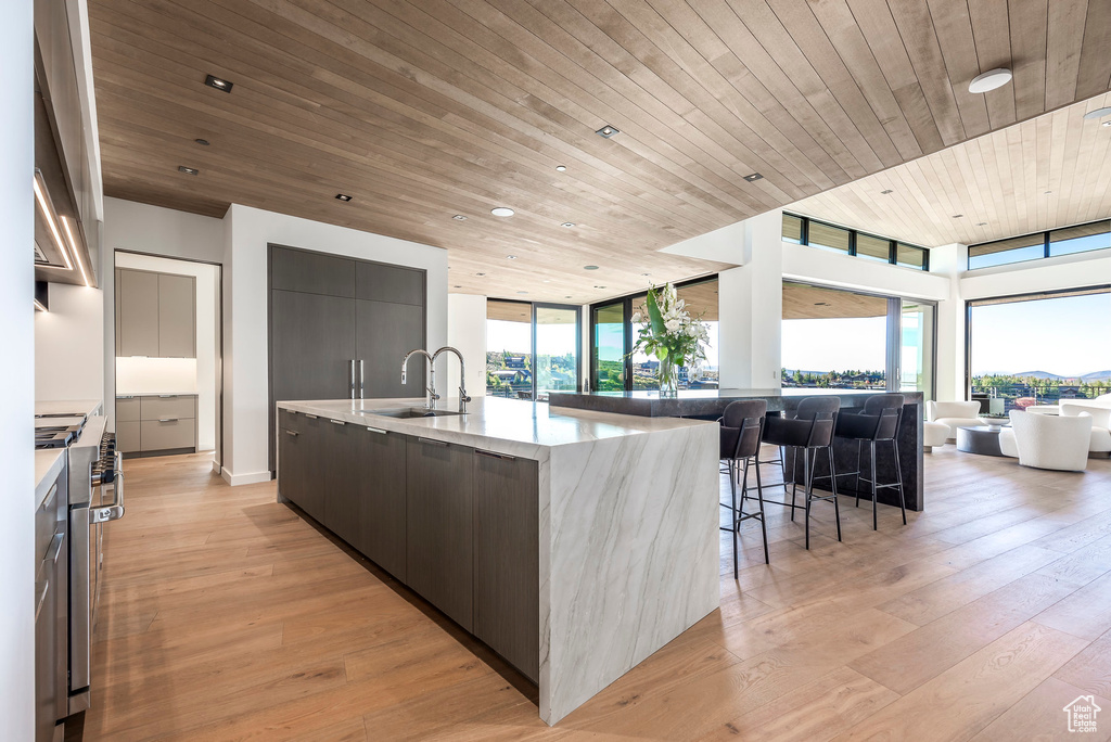 Kitchen featuring modern cabinets, a sink, high end stainless steel range oven, wood ceiling, and open floor plan