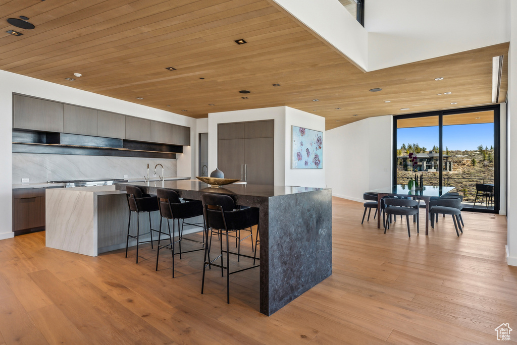 Kitchen with modern cabinets, expansive windows, backsplash, a breakfast bar area, and a large island