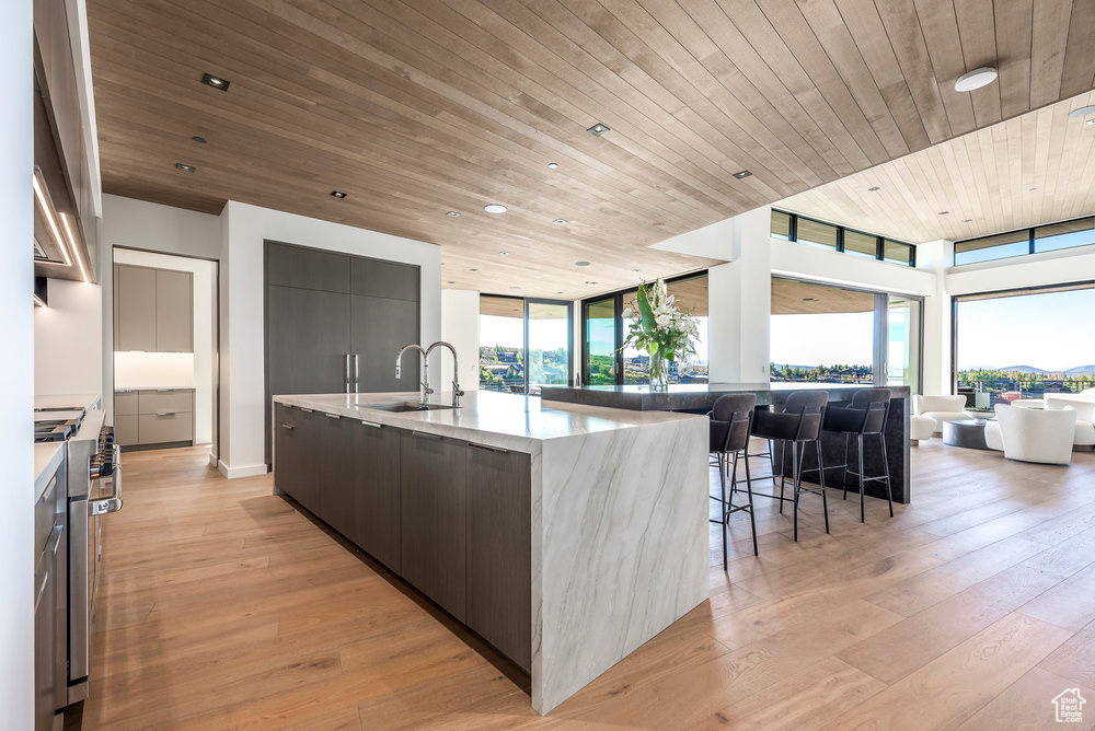 Kitchen with modern cabinets, a sink, high end stove, wood ceiling, and light wood finished floors