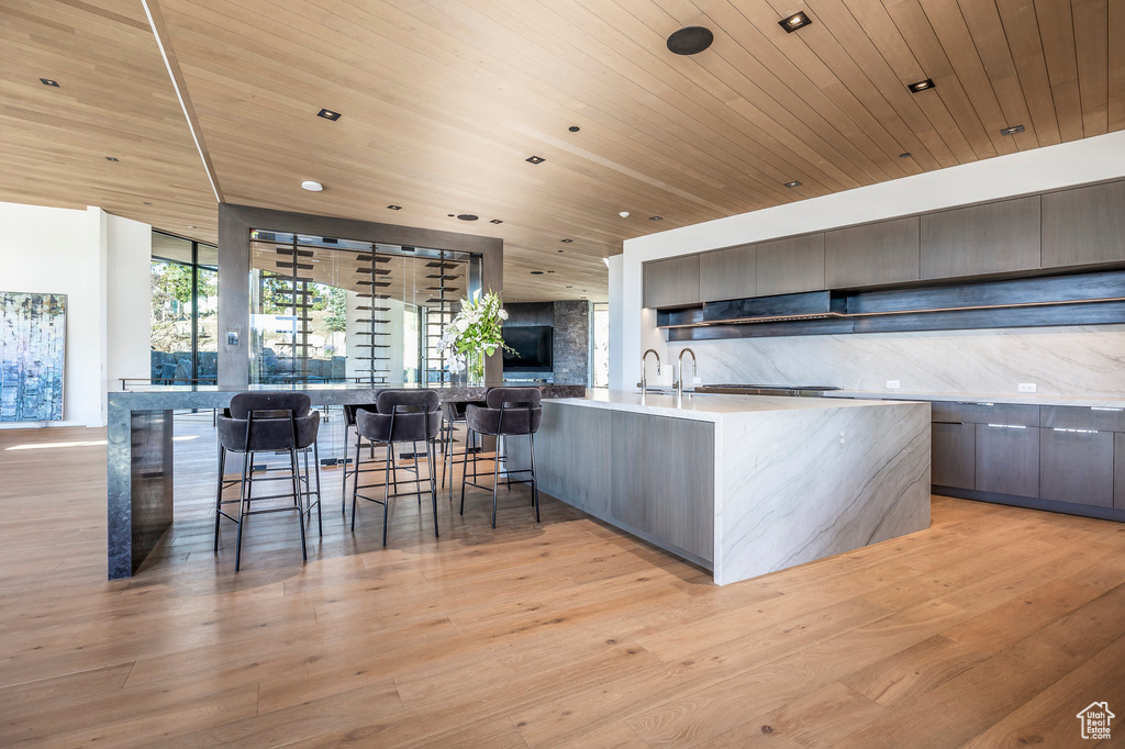 Kitchen featuring modern cabinets, wooden ceiling, light wood finished floors, tasteful backsplash, and light countertops