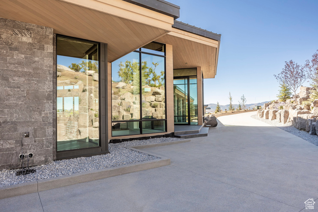 View of patio / terrace with a mountain view