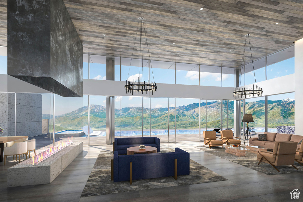 Lobby with a high ceiling and a mountain view