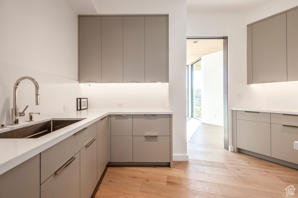 Kitchen with gray cabinets, a sink, and light wood-style flooring